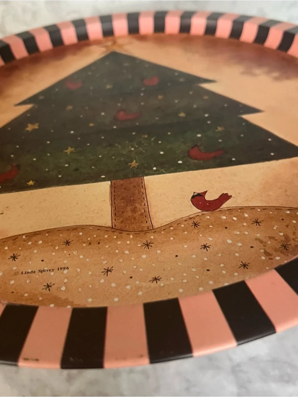 Vintage Linda Spivey 1996 Christmas Tree Tin Tray | Primitive Cardinal